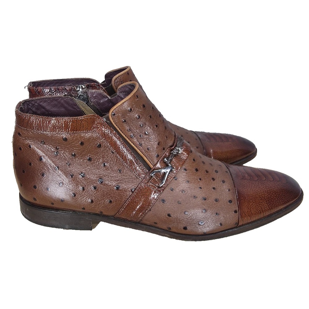 Vinci Boots Mens 13 Brown Ostrich Leather The Dallas Ankle  Zip Up Cap Toe Dress